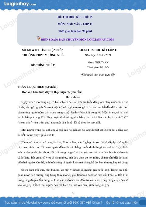 Đề thi học kì 1 môn Ngữ văn lớp 11 trường THPT Mường Nhé